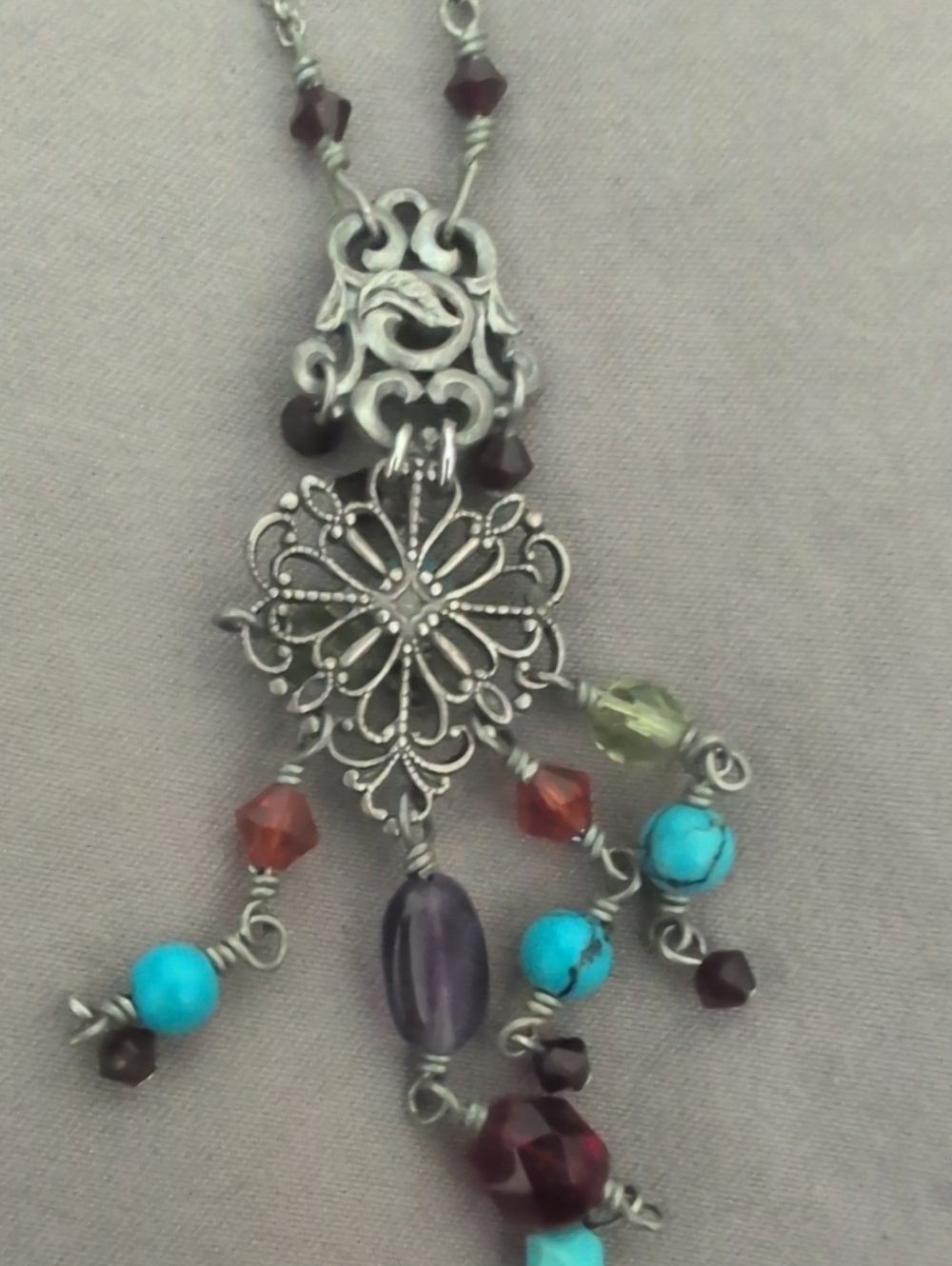 Bohemian Turquoise & Amethyst Floral Drop Necklace :Vintage